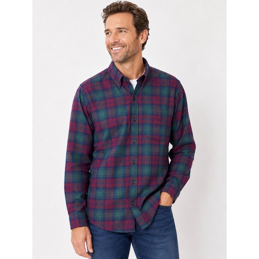 LL Bean Mens XL Burgundy Green Scotch Plaid Flannel Shirt Traditional Fit Cotton